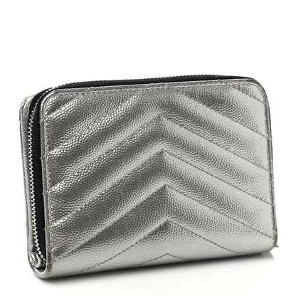 Saint Laurent Metallic Grain De Poudre Matelasse Chevron Monogram Compact Zip Around Wallet Silver 3 of 8
