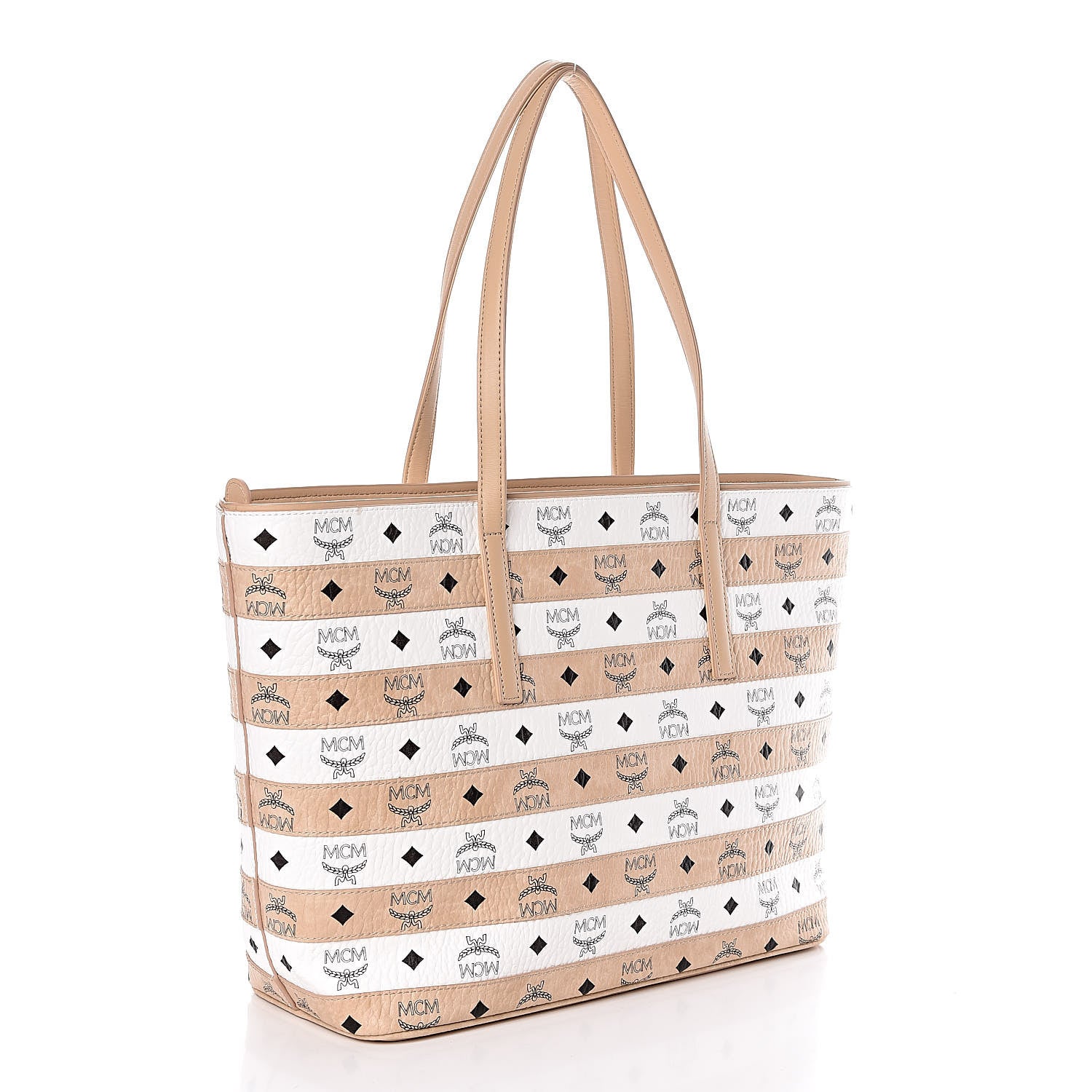MCM Visetos Striped Medium Anya Shopper Tote White Beige 3 of 8