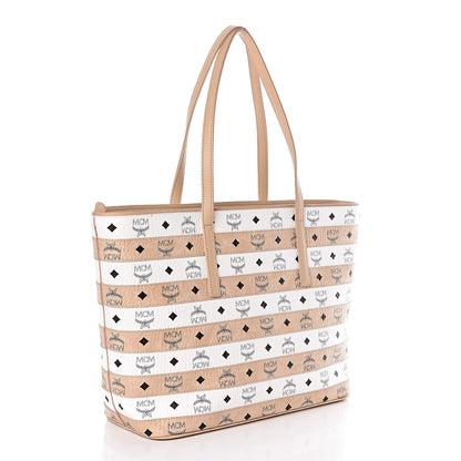 MCM Visetos Striped Medium Anya Shopper Tote White Beige 3 of 8