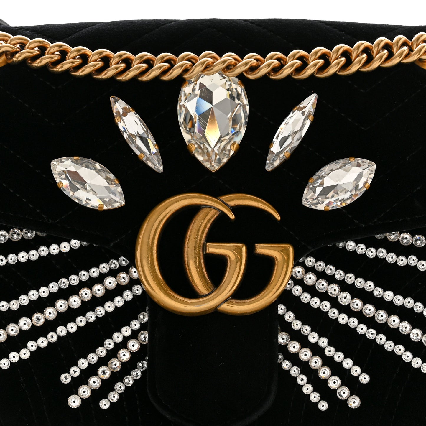 Velvet Matelasse Marquise Crystals Embroidered Small GG Marmont Shoulder Bag Black