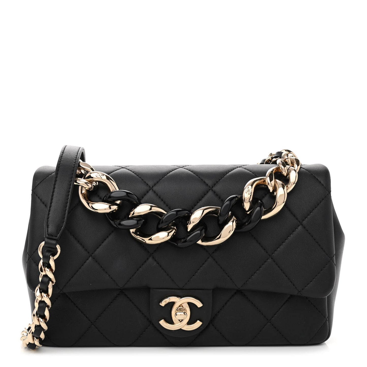 Lambskin Quilted Resin Bi-Color Chain Flap Bag Black