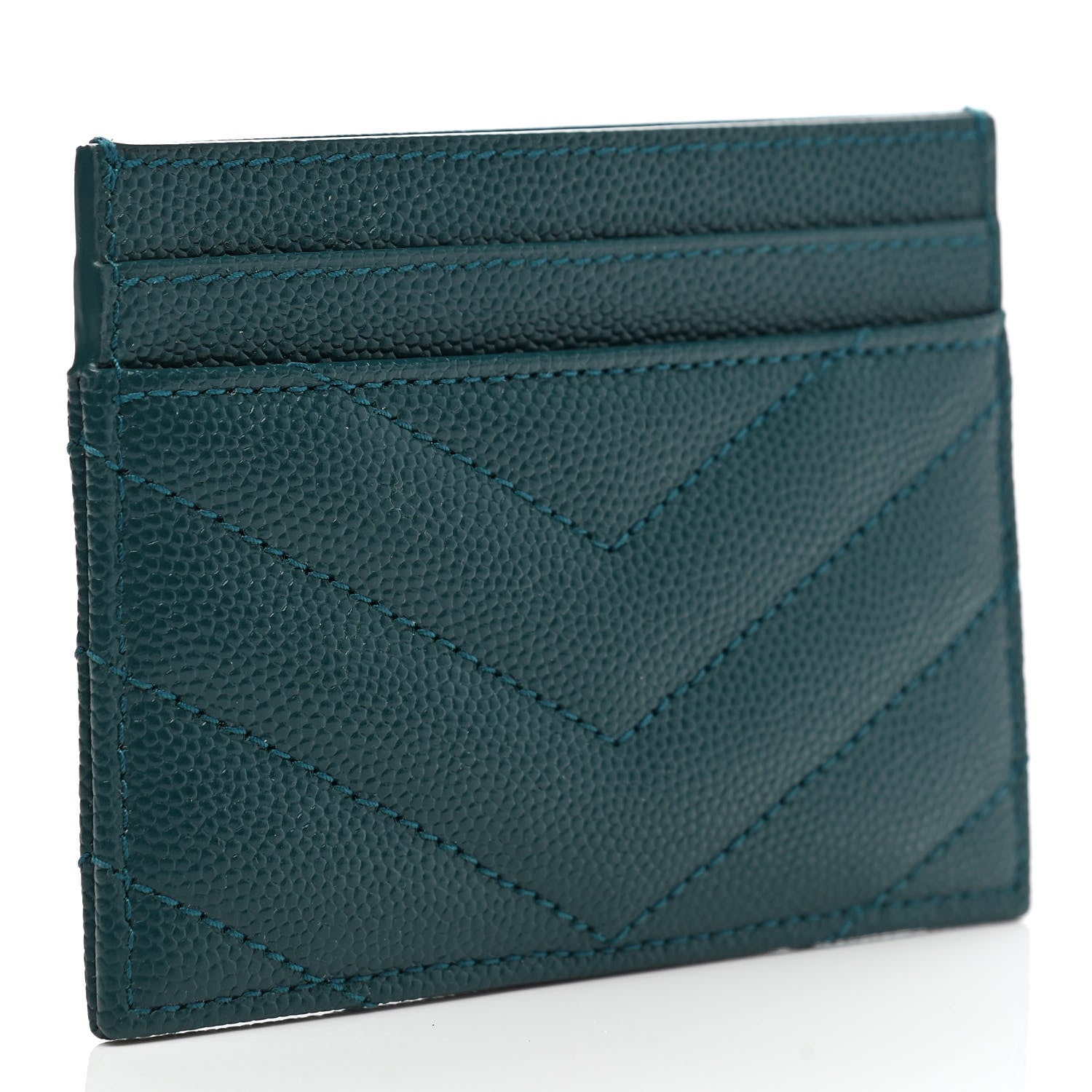 Saint Laurent Grain De Poudre Matelasse Chevron Monogram Credit Card Case Peacock Green 3 of 7