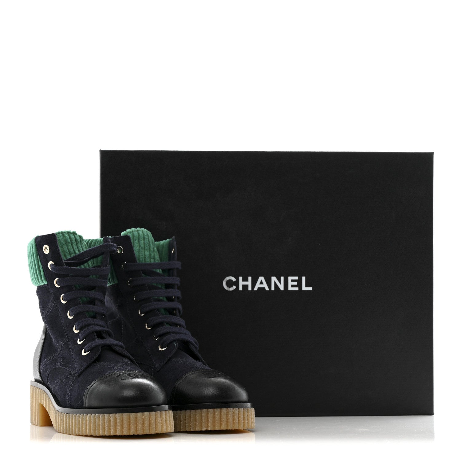 Chanel Suede Calfskin Velvet Quilted CC Combat Boots 36 Navy Green Black 12 of 12