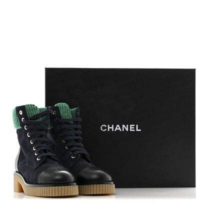 Chanel Suede Calfskin Velvet Quilted CC Combat Boots 36 Navy Green Black 12 of 12