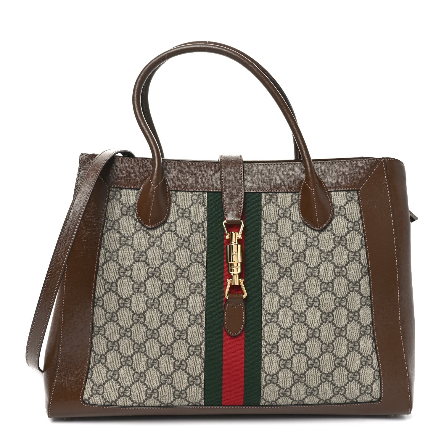 Gucci GG Supreme Monogram Azalea Calfskin Web Large Jackie 1961 Tote Beige Ebony Brown Sugar 1 of 10