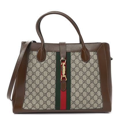 Gucci GG Supreme Monogram Azalea Calfskin Web Large Jackie 1961 Tote Beige Ebony Brown Sugar 1 of 10