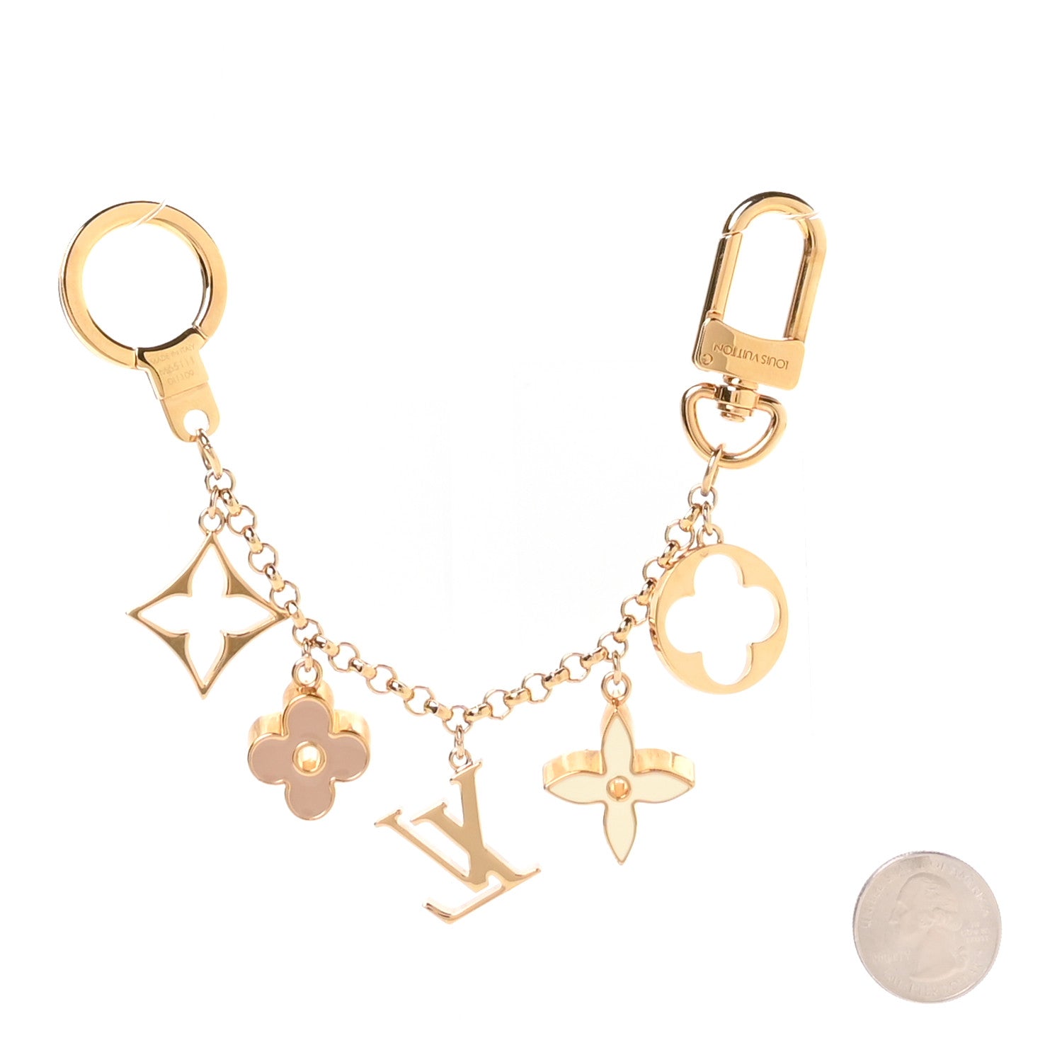 Louis Vuitton Brass Enamel Fleur De Monogram Bag Charm Chain Gold 2 of 3