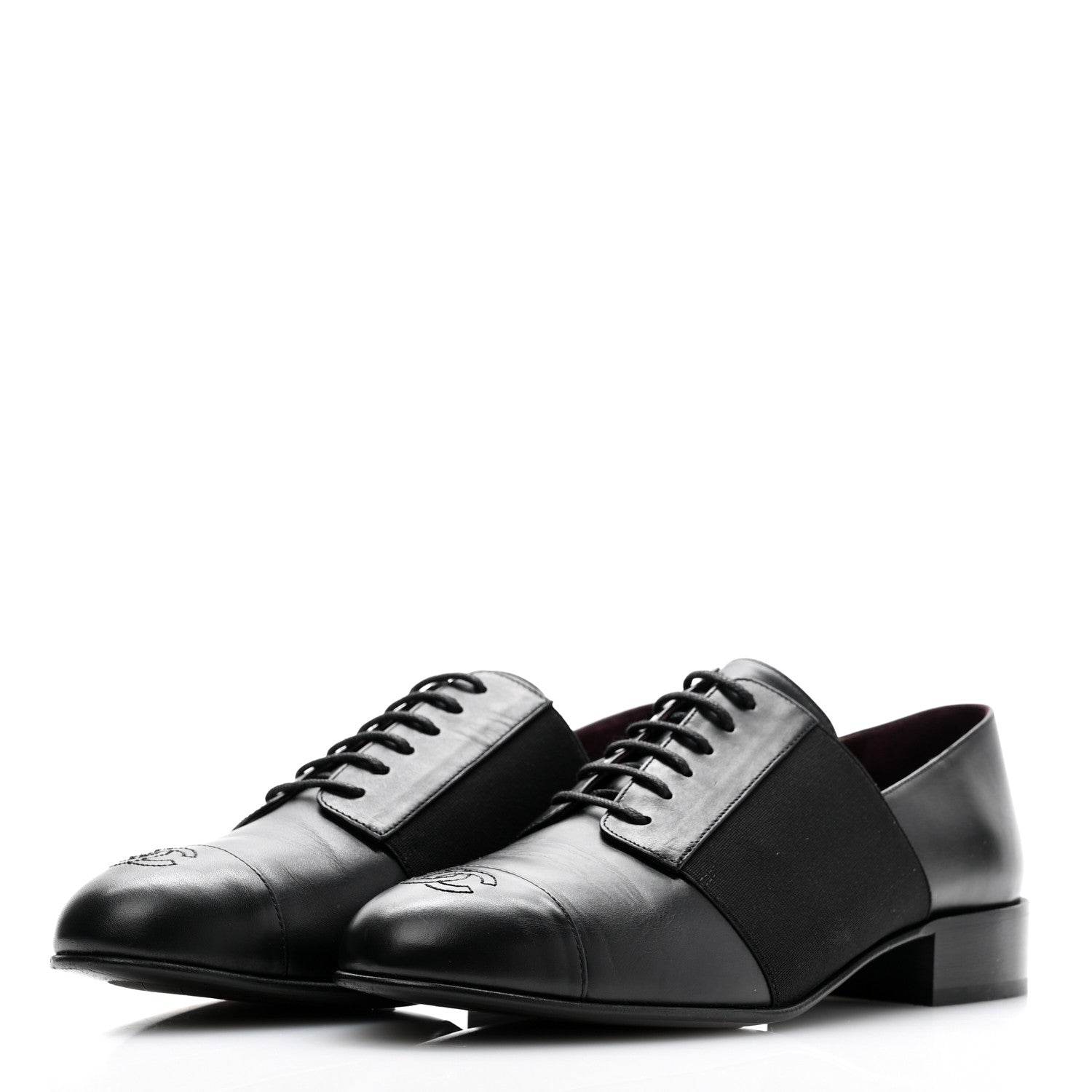 Chanel Calfskin Elastic Lace Up Cap Toe CC Loafers 38.5 Black 3 of 11