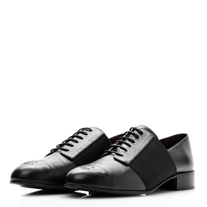 Chanel Calfskin Elastic Lace Up Cap Toe CC Loafers 38.5 Black 3 of 11