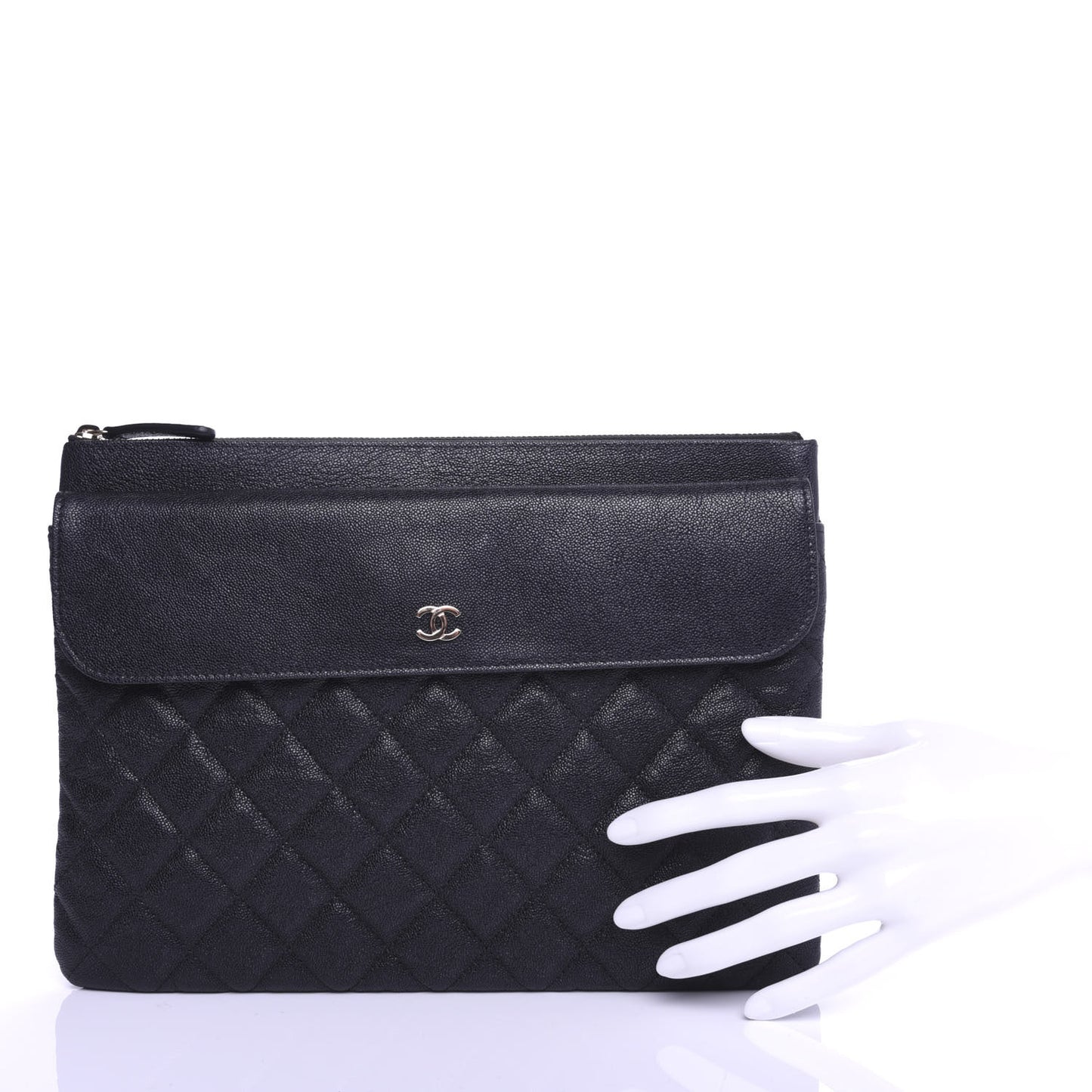 Iridescent Caviar Quilted Medium Flap Cosmetic Case Black