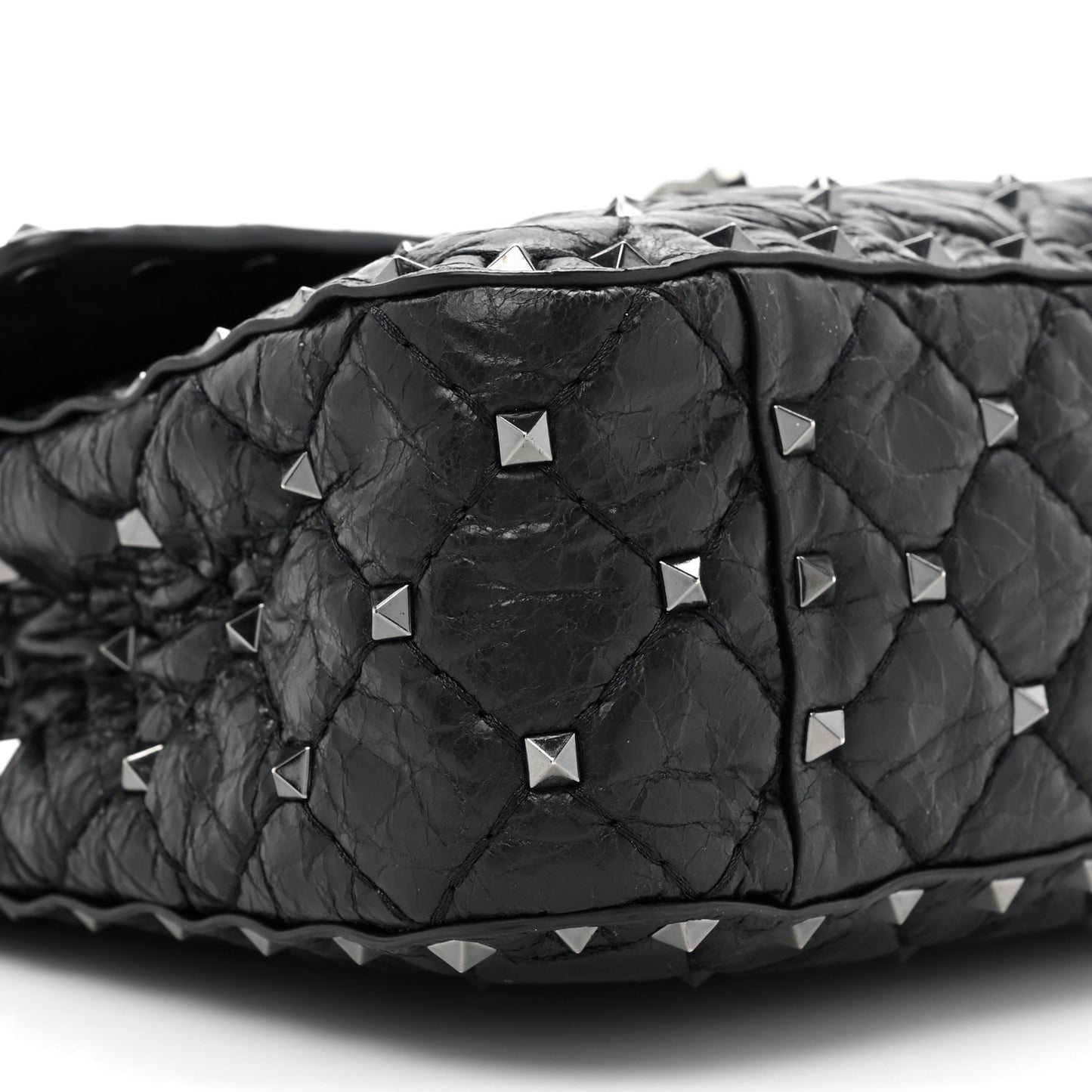Craquele Nappa Medium Rockstud Spike Shoulder Bag Black