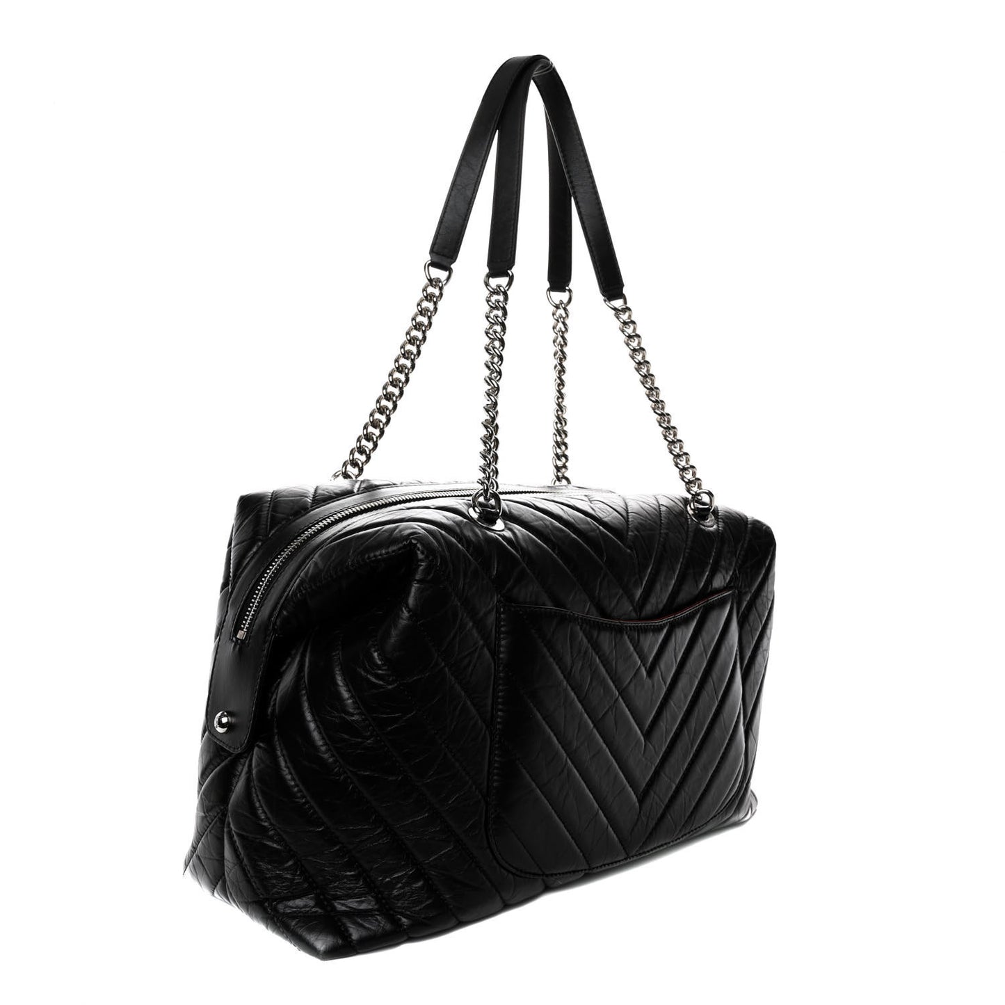 Aged Calfskin Chevron Quilted Duffle Bag Black
