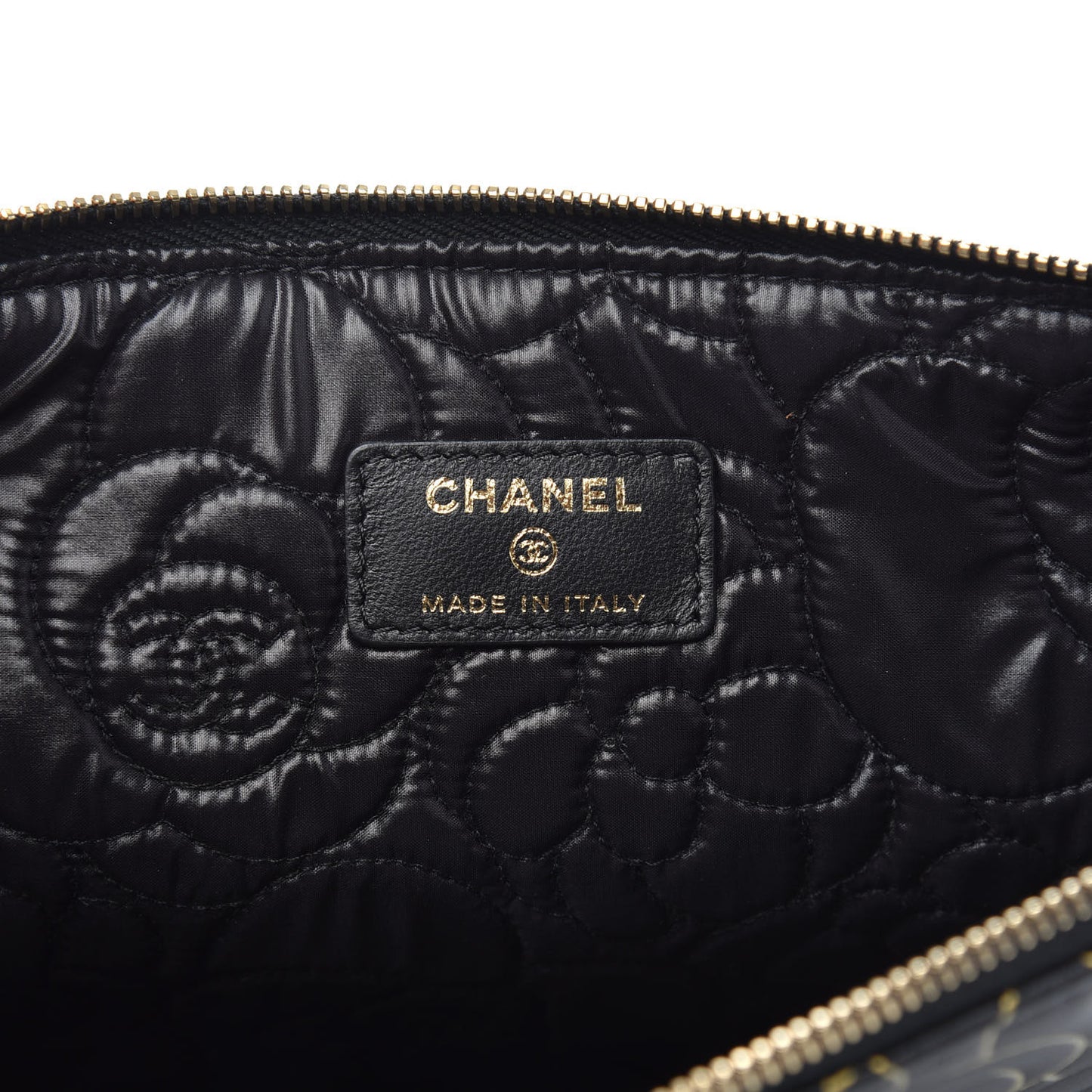 Lambskin Camellia Embossed Medium Cosmetic Case Black Gold