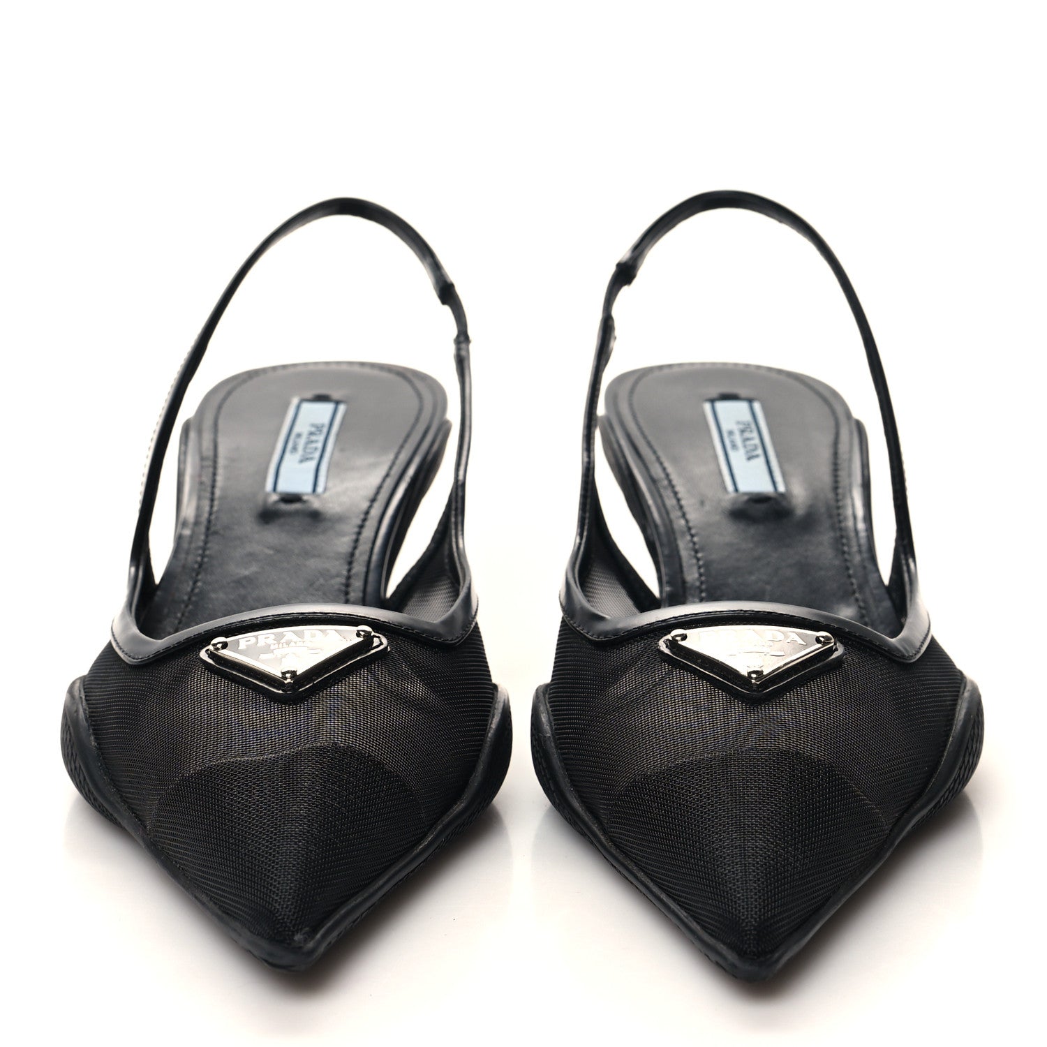 Prada Mesh Nappa Triangle Logo Pointed Toe 45mm Slingback Pumps 36.5 Black 2 of 11