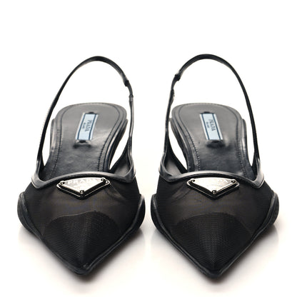 Prada Mesh Nappa Triangle Logo Pointed Toe 45mm Slingback Pumps 36.5 Black 2 of 11