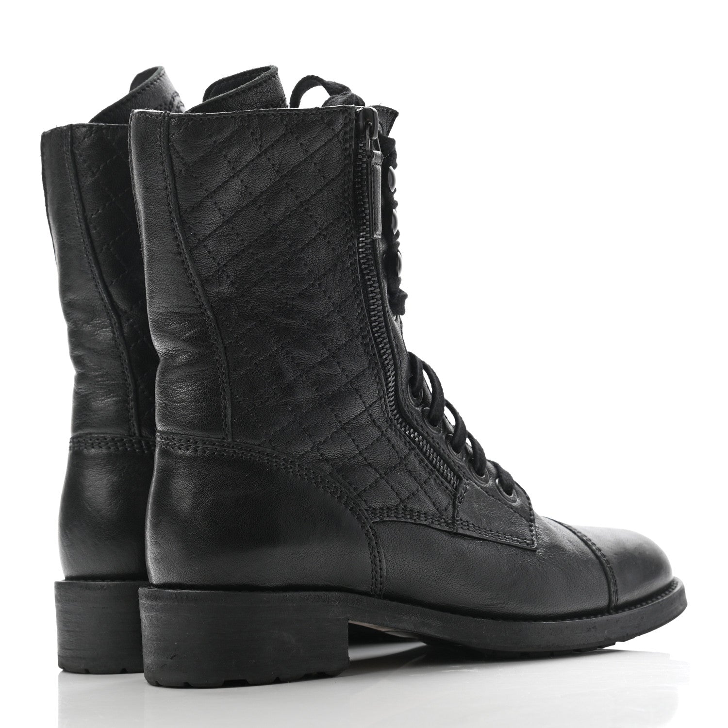 Chanel Sheepskin Quilted CC Tall Lace Up Combat Boots 37 Black 4 of 13