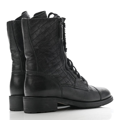 Chanel Sheepskin Quilted CC Tall Lace Up Combat Boots 37 Black 4 of 13