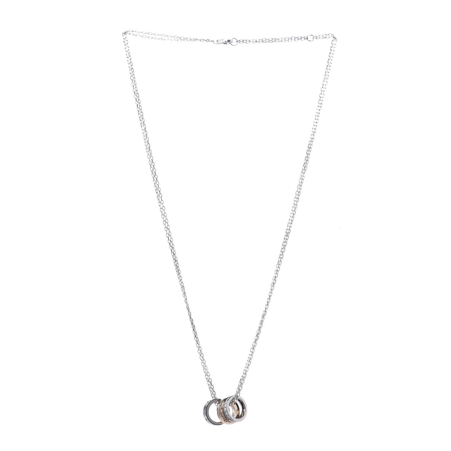 Cartier 18K White Pink Gold Diamond Three Ring LOVE Pendant Necklace 3 of 5