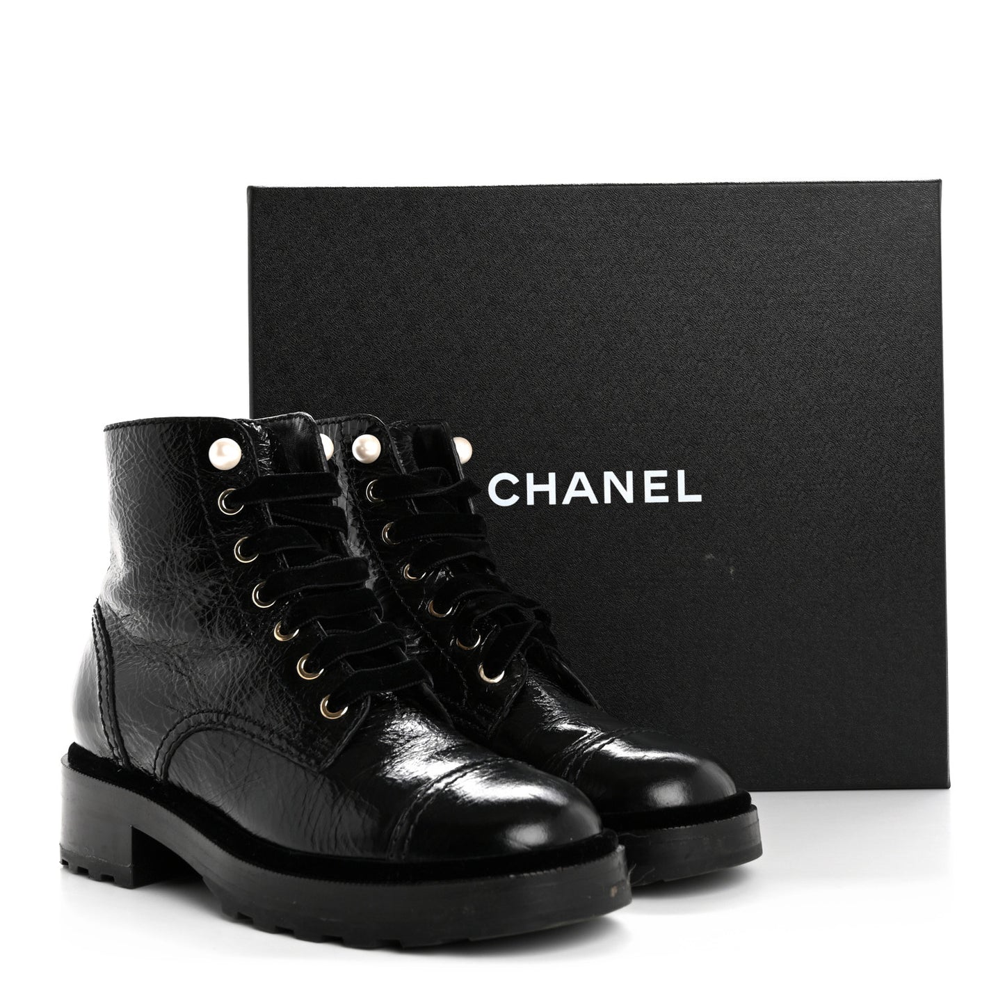 Shiny Calfskin Velvet Pearl Combat Short Boots 37.5 Black