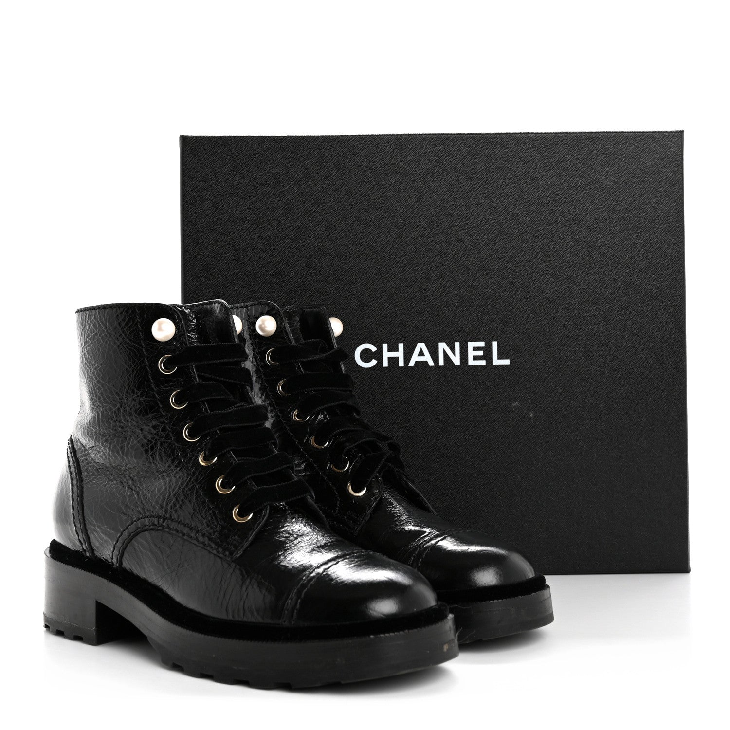 Chanel Shiny Calfskin Velvet Pearl Combat Short Boots 37.5 Black 13 of 13