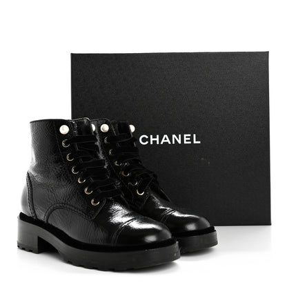 Chanel Shiny Calfskin Velvet Pearl Combat Short Boots 37.5 Black 13 of 13