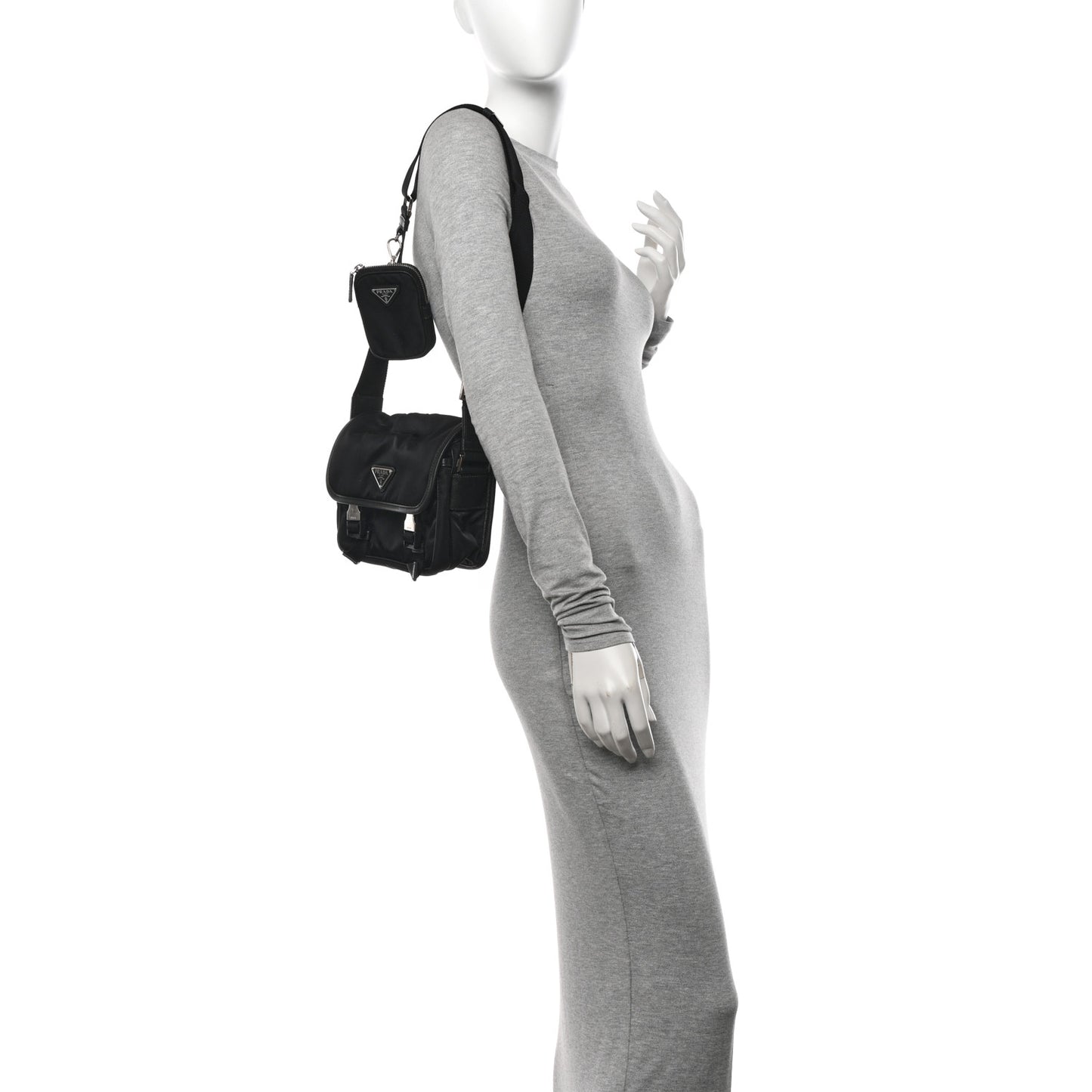 Re-Nylon Saffiano Pocket Double Snap Buckle Shoulder Bag Black