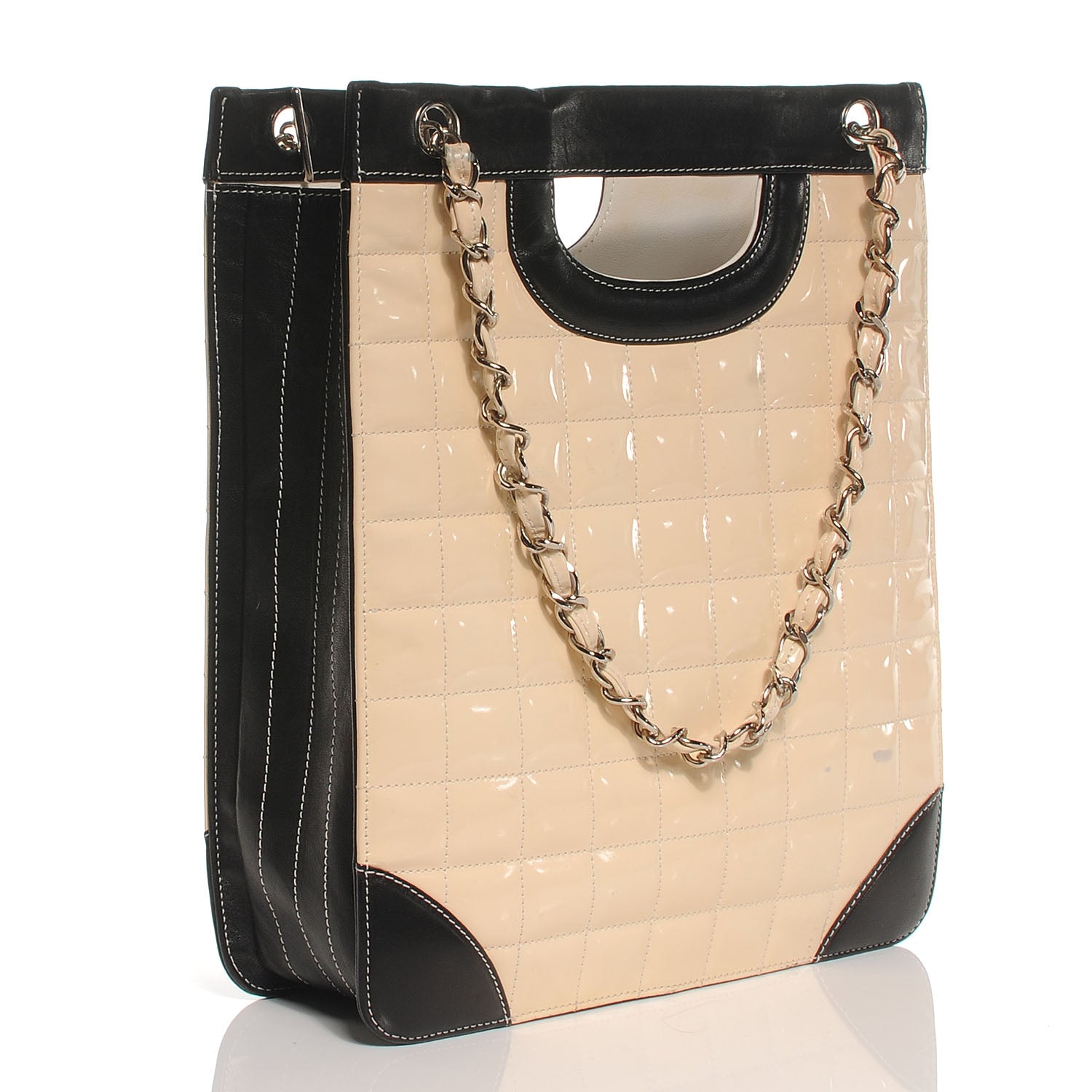 Chanel Patent Chocolate Bar Quilted Tote Beige Black 3 of 9