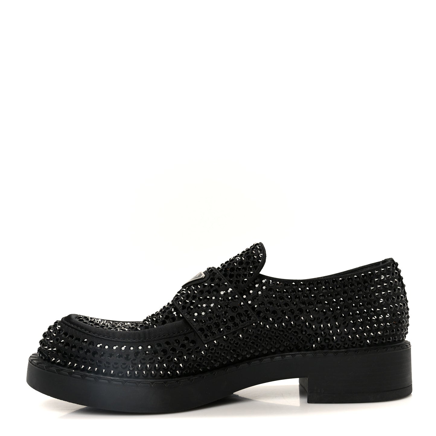 Satin Crystal Metal Triangle Logo Mens Loafers  8.5 Black