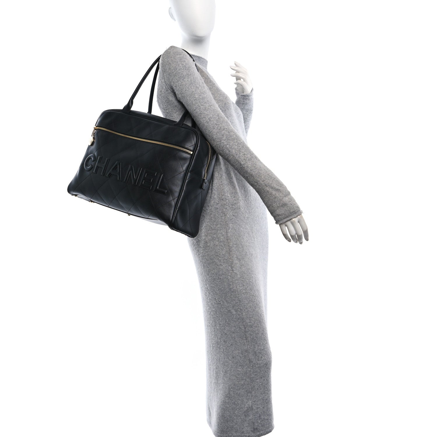 Chanel Calfskin Stitched Maxi Logo Bowling Bag Black 2 of 11