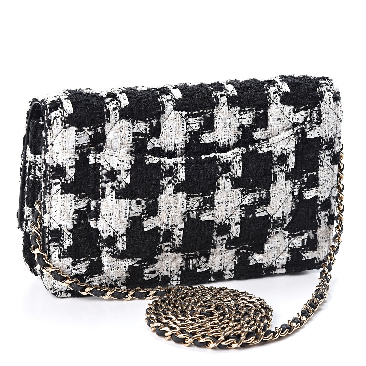 Chanel Tweed Quilted Wallet On Chain WOC Black Ecru White 2 of 10
