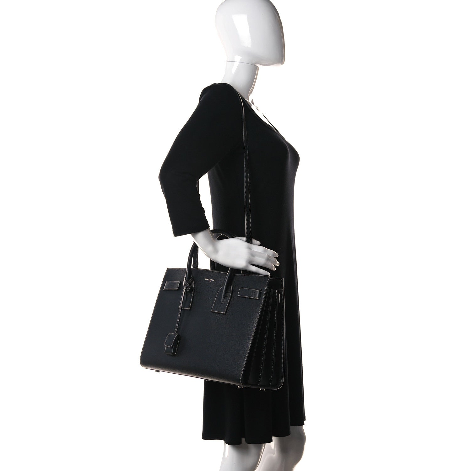 Saint Laurent Grained Calfskin Topstitch Small Sac De Jour Black Porcelain 2 of 14
