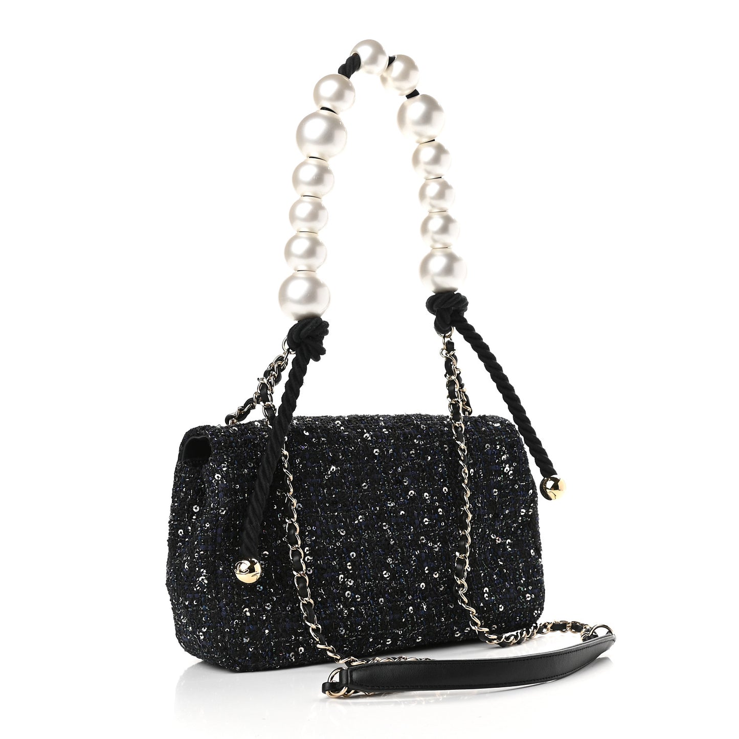 Tweed Medium Pearl Handle Flap Black Ecru
