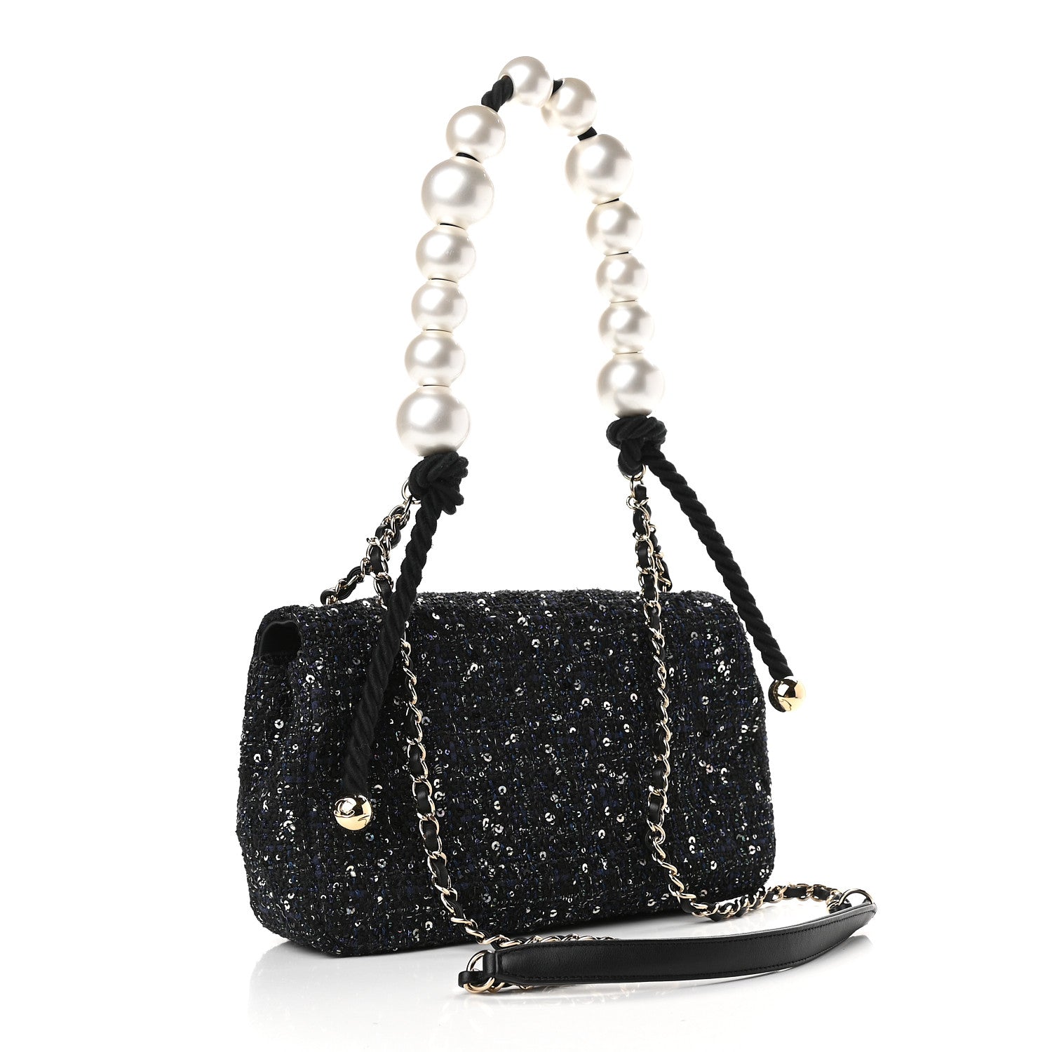 Chanel Tweed Medium Pearl Handle Flap Black Ecru 3 of 9