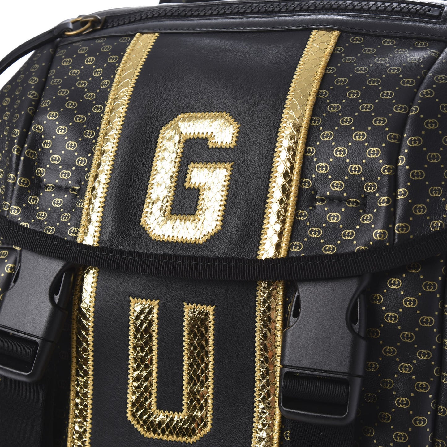 X DAPPER DAN Calfskin Laminated Ayers GG Micro Monogram Double Buckle Backpack Black Gold