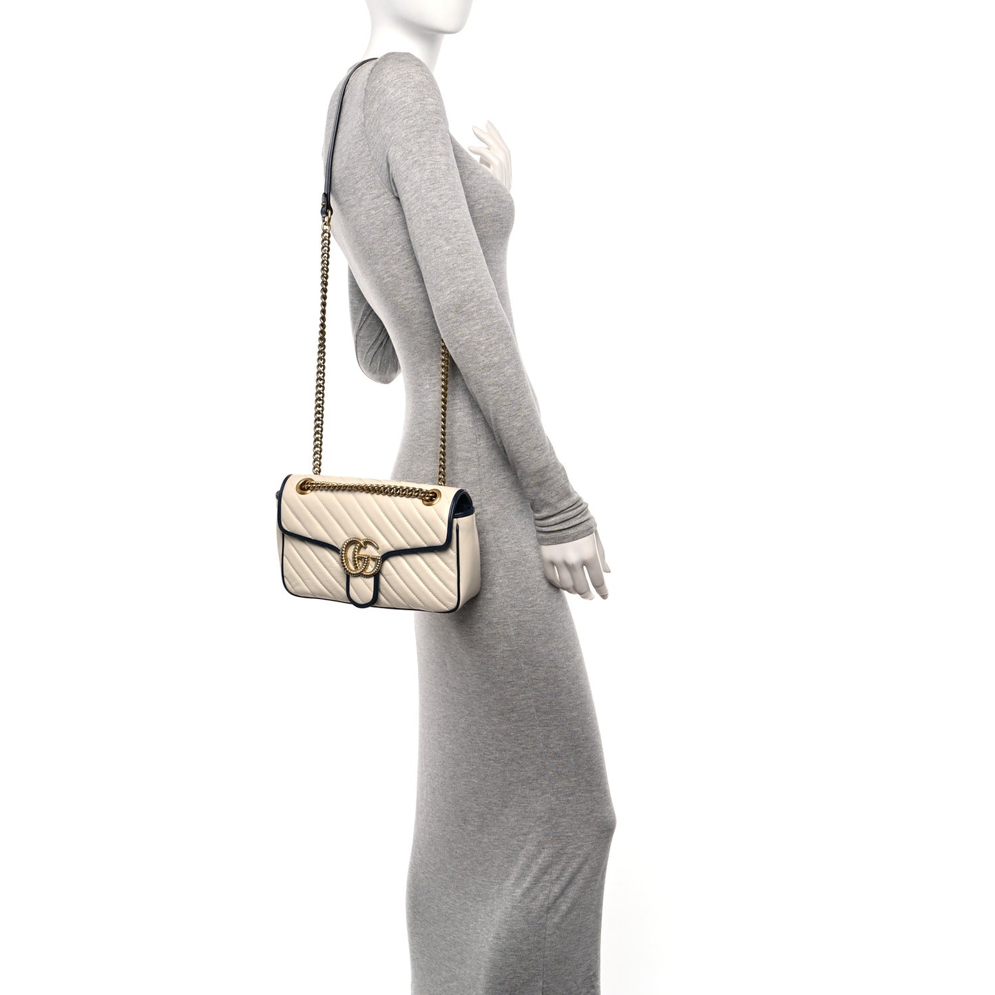 Vintage Effect Calfskin Matelasse Diagonal Small Torchon GG Marmont Shoulder Bag Mystic White Blue Agata