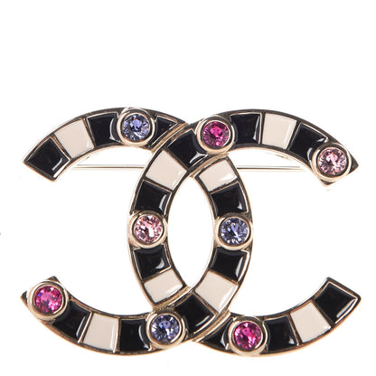 Chanel Crystal Enamel Stripe CC Brooch Black Gold 1 of 4