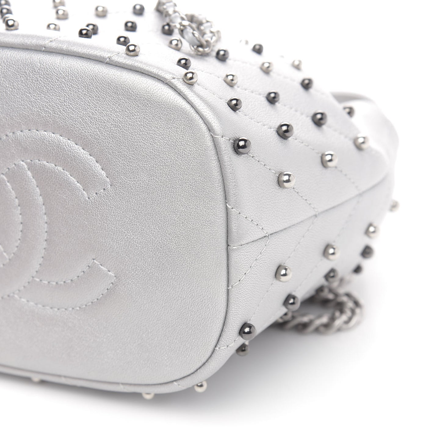 Metallic Lambskin Studded Chevron Quilted Small Stud Wars Drawstring Bag Silver