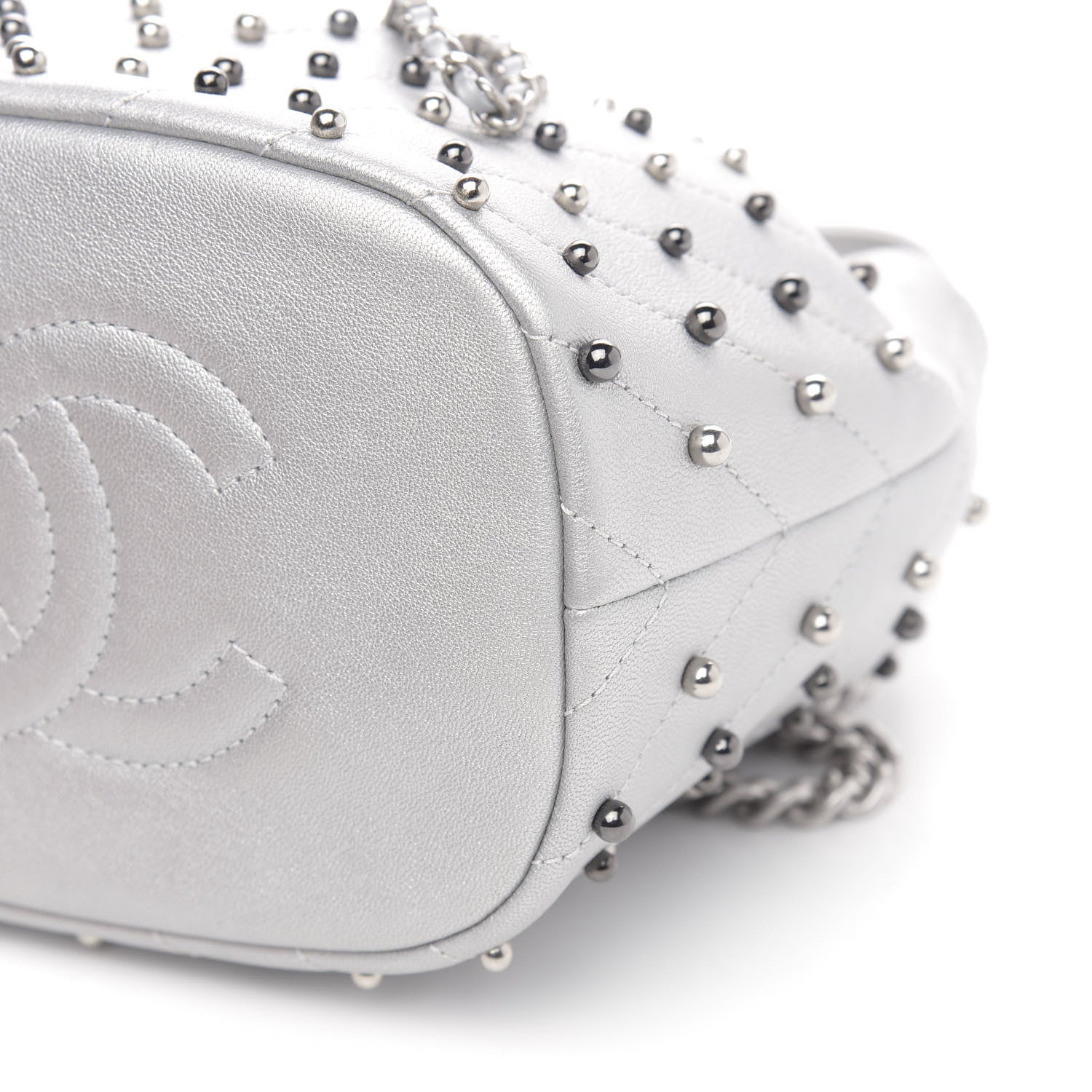 Chanel Metallic Lambskin Studded Chevron Quilted Small Stud Wars Drawstring Bag Silver 10 of 11