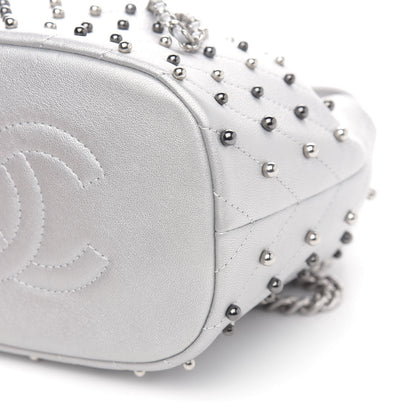 Chanel Metallic Lambskin Studded Chevron Quilted Small Stud Wars Drawstring Bag Silver 10 of 11