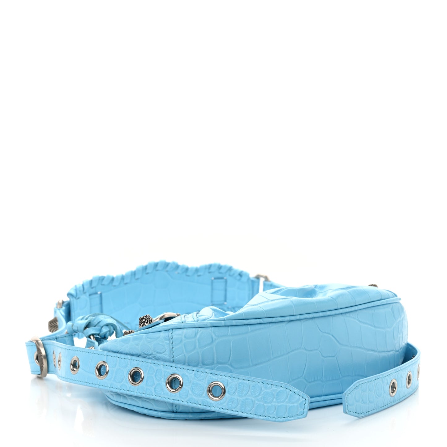 Extra Supple Calfskin Crocodile Embossed Le Cagole Shoulder Bag XS Sky Blue