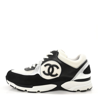 Chanel Mesh Suede Calfskin Grained Calfskin Womens CC Sneakers 40 Black White Silver 2 of 18