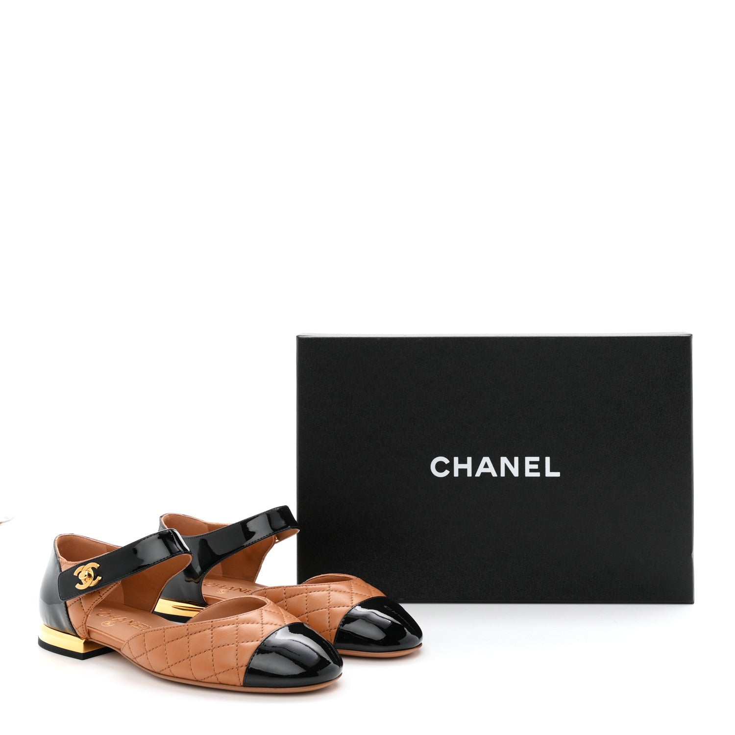 Chanel Patent Lambskin Quilted Cap Toe Ballerina Flats 36 Light Brown Black 10 of 10