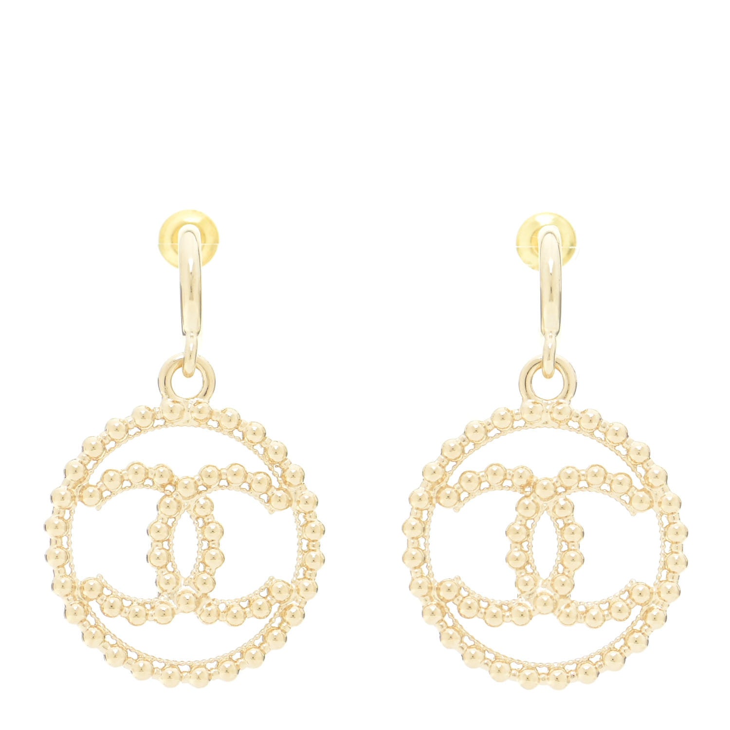 Chanel Metal Bead Round CC Drop Earrings Gold 1 of 5