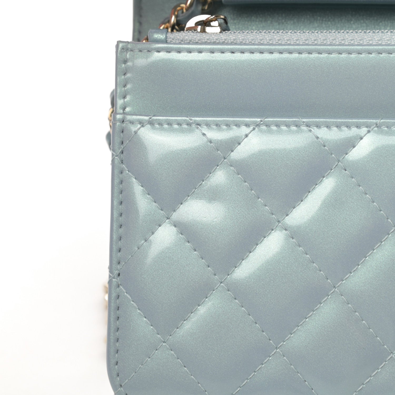 Chanel Metallic Patent Calfskin Quilted Boy Wallet on Chain WOC Light Blue 12 of 15