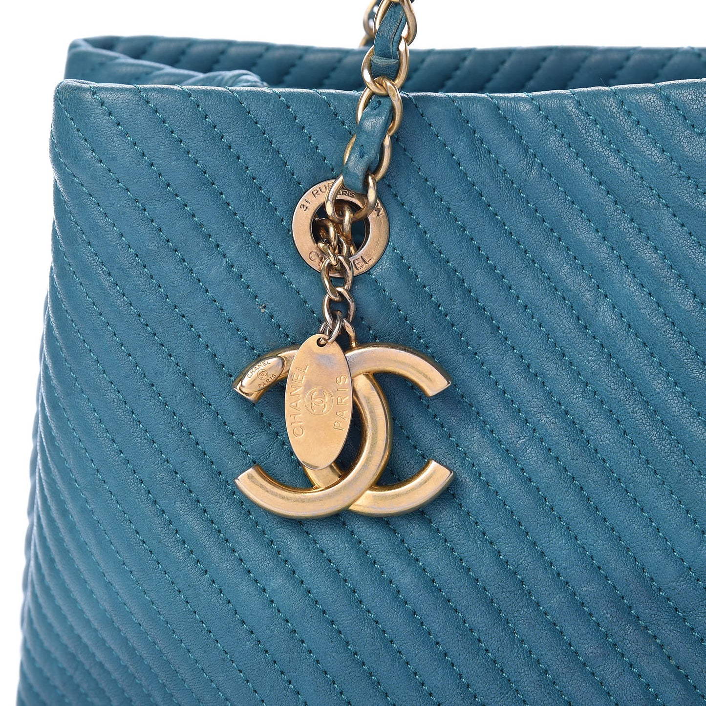 Wrinkled Lambskin Chevron Quilted Surpique Tote Turquoise