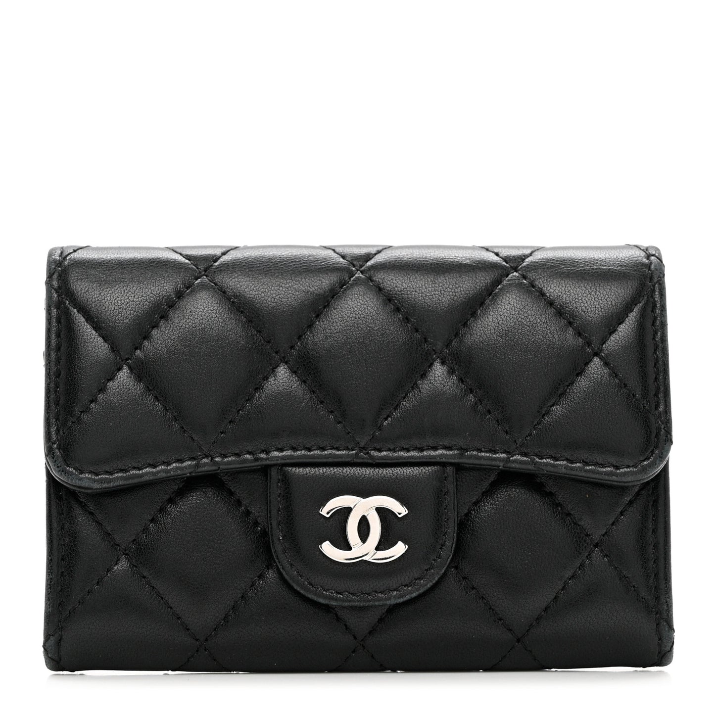 Lambskin Quilted Flap Card Holder Wallet Black