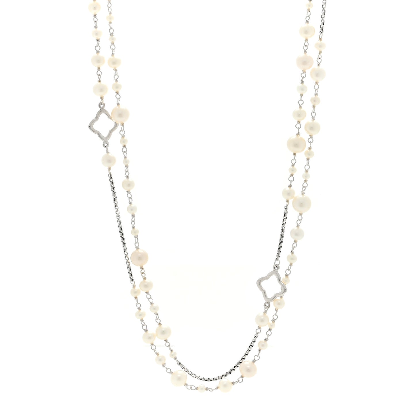 Sterling Silver Pearl 7.5mm Quatrefoil Long Chain Necklace