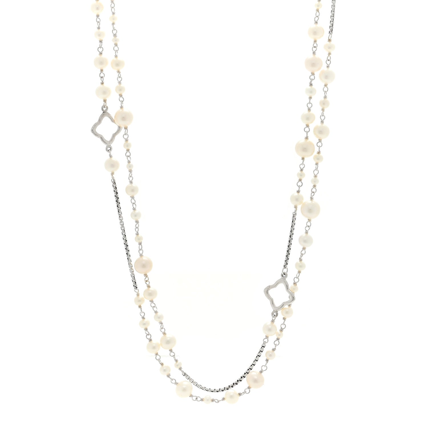 David Yurman Sterling Silver Pearl 7.5mm Quatrefoil Long Chain Necklace 1 of 4