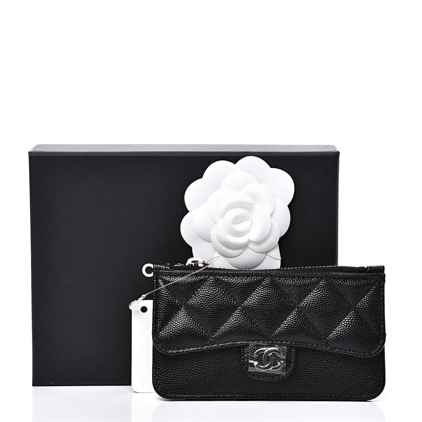 Caviar Quilted Flap Zip Card Holder Black