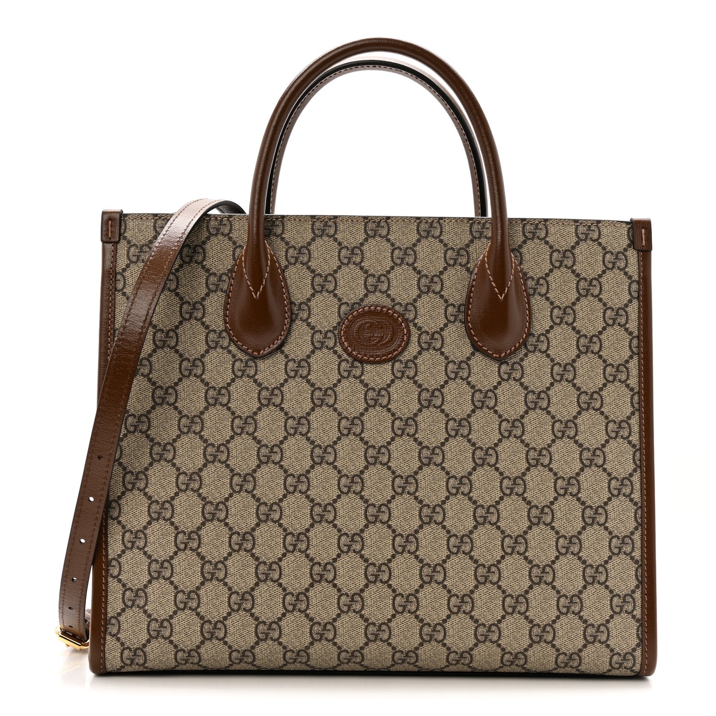GG Supreme Monogram Azalea Calfskin Small Retro Interlocking G Tote Bag Beige Ebony Brown Sugar